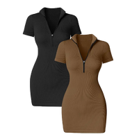 Women’s Short Lapel Zip Dress – Stretchy, Slim Fit, Summer Casual Wear
