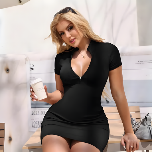 Women’s Short Lapel Zip Dress – Stretchy, Slim Fit, Summer Casual Wear