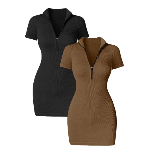 Women’s Short Lapel Zip Dress – Stretchy, Slim Fit, Summer Casual Wear